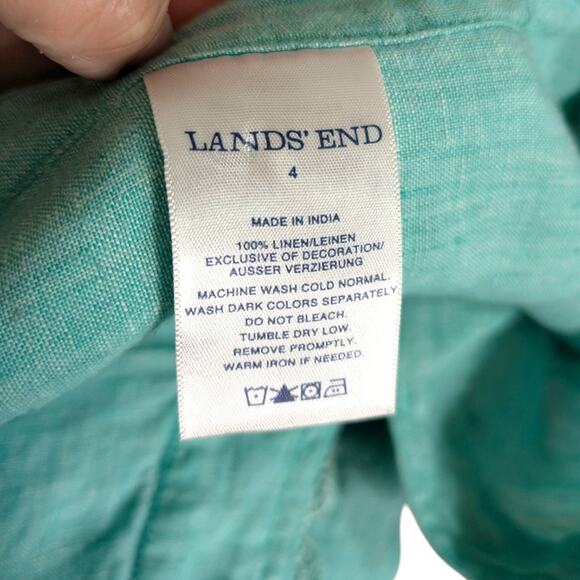 Lands' End Linen Tunic Top 4 Embroidered Crochet Green Split Neck 3/4 Sleeve - Picture 7 of 8